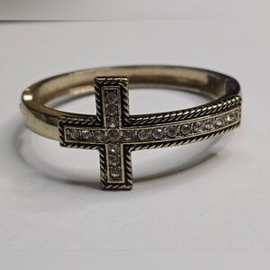 Treska Gold Rhinestone Sideways Cross Hinge Bangle Bracelet Religious Jewelry‎